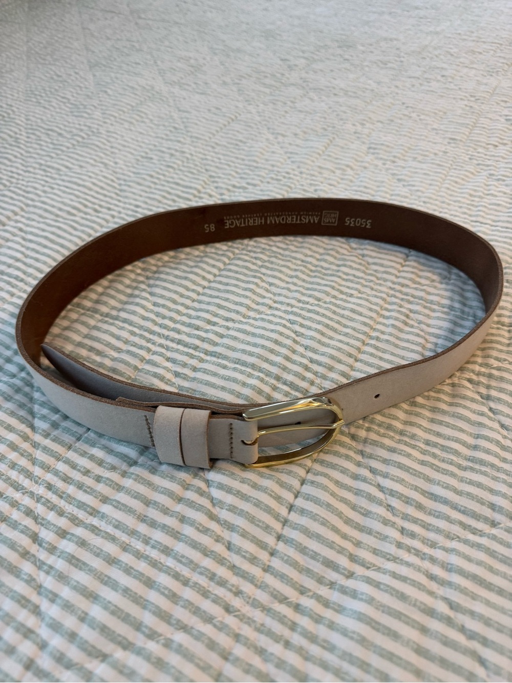 Designer Amsterdam Heritage Neutral Leather Belt with Gold-Tone Oval Buckle